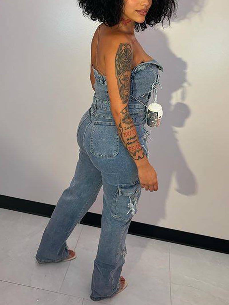 Sexy Strapless High Waist Denim Jumpsuit