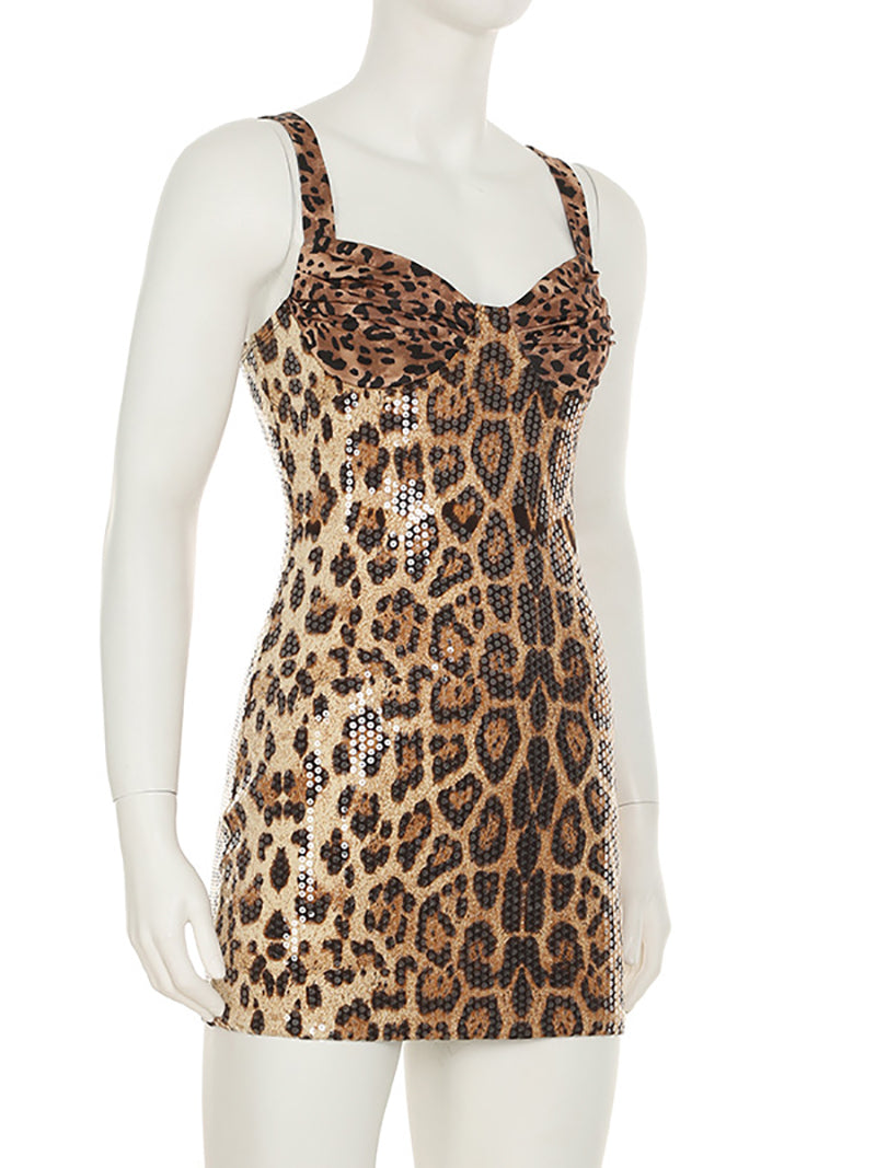 Fashion Leopard Print Sequin Slim Dress