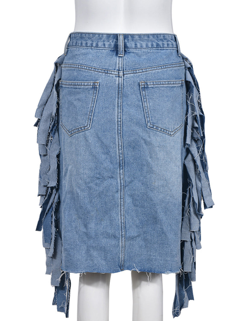 Casual High Waist Fringe Denim Skirt