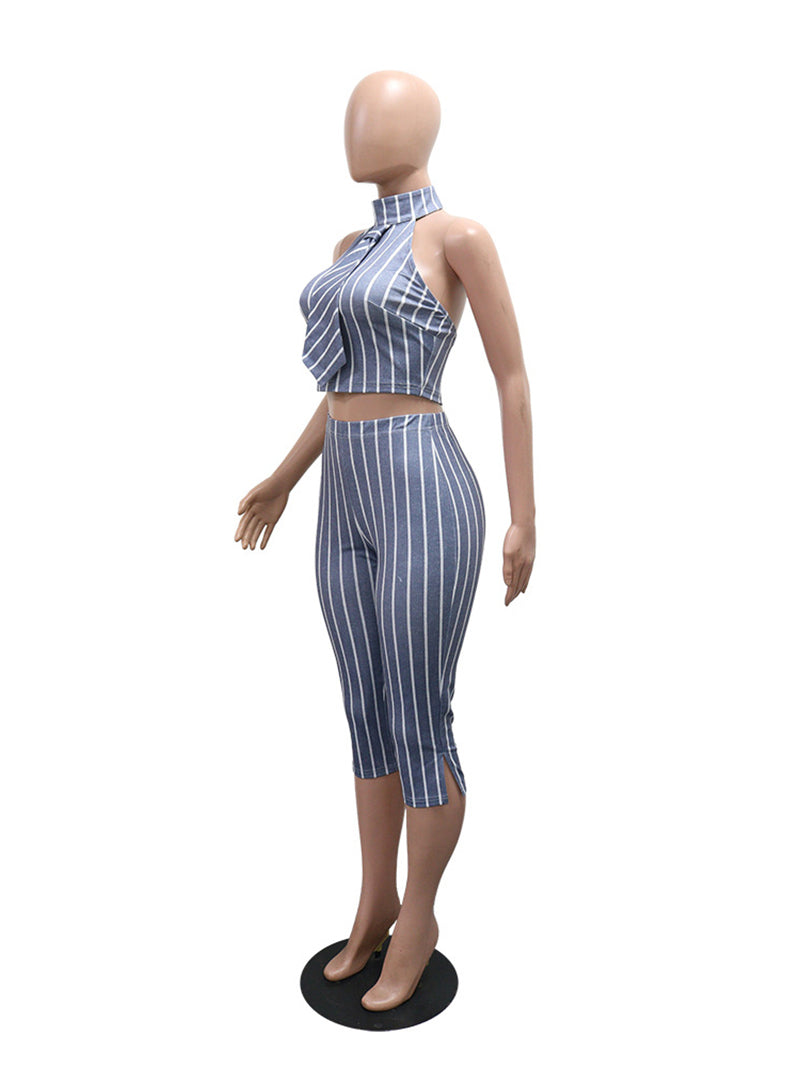 Casual Halter Stripe Sleeveless Top Skinny Pants Set