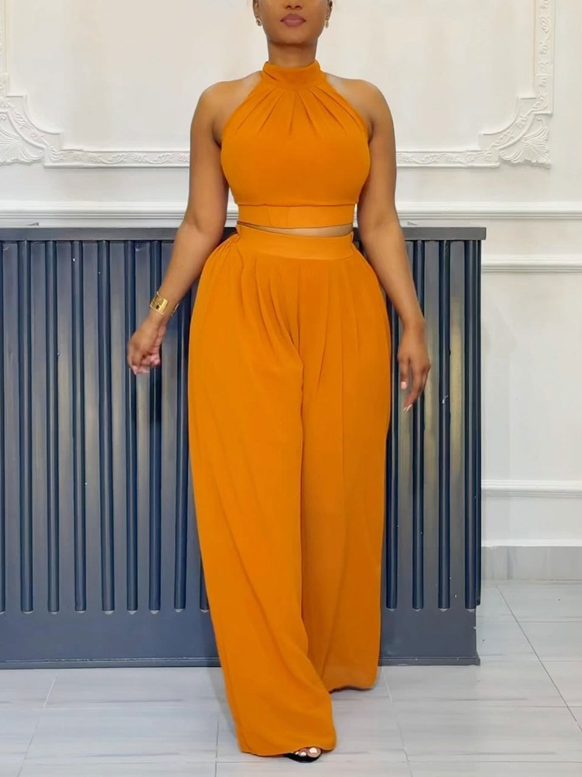 Sexy Pleated Sleeveless Top Wide Leg Pants 2 Piece Set