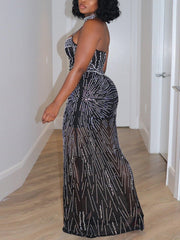 Sexy Halter Rhinestone See-Through Maxi Dress