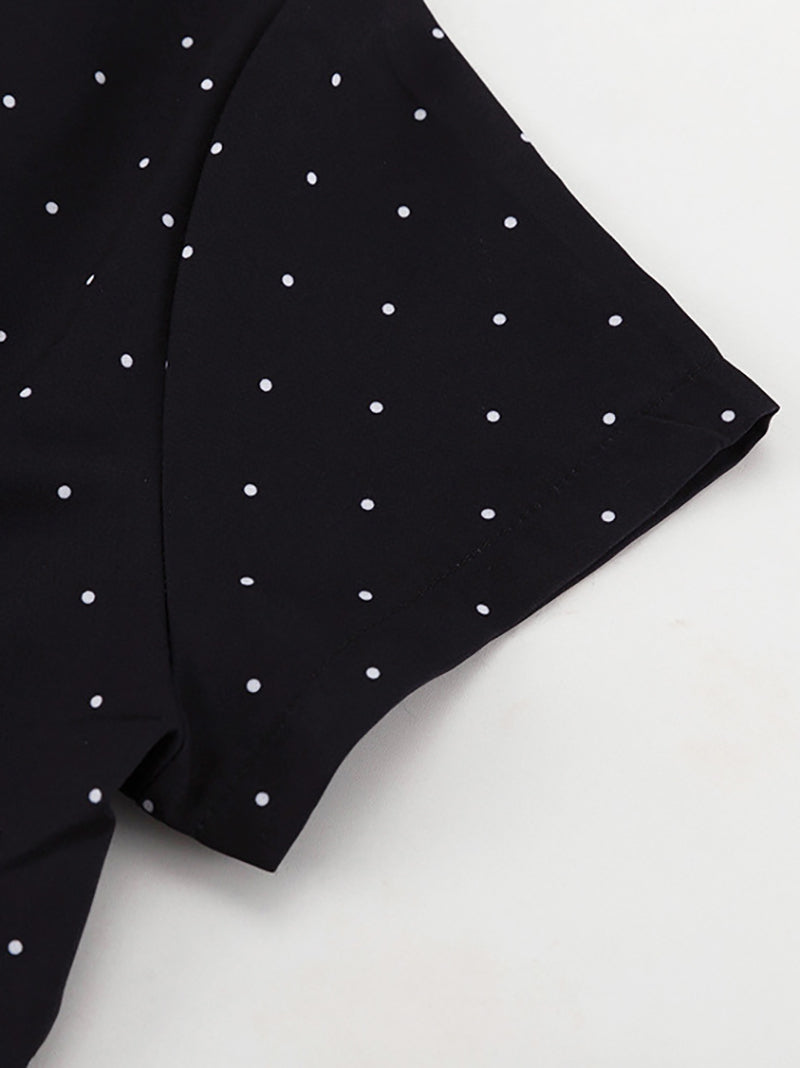 Polka Dot Print Slim Shirt High Waist Midi Skirt Set
