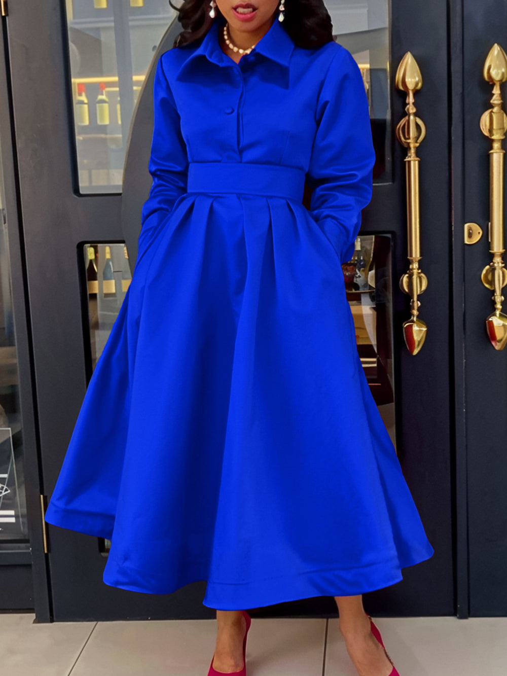 Fashion Lapel Long Sleeve Slim A- line Dress