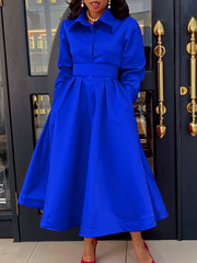 Fashion Lapel Long Sleeve Slim A- line Dress