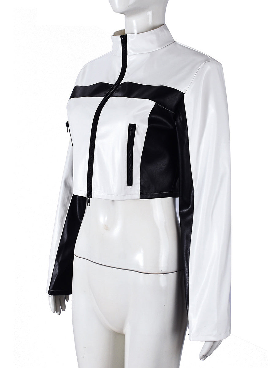 Fashion Faux Leather Color block Zip Up Crop Jacket
