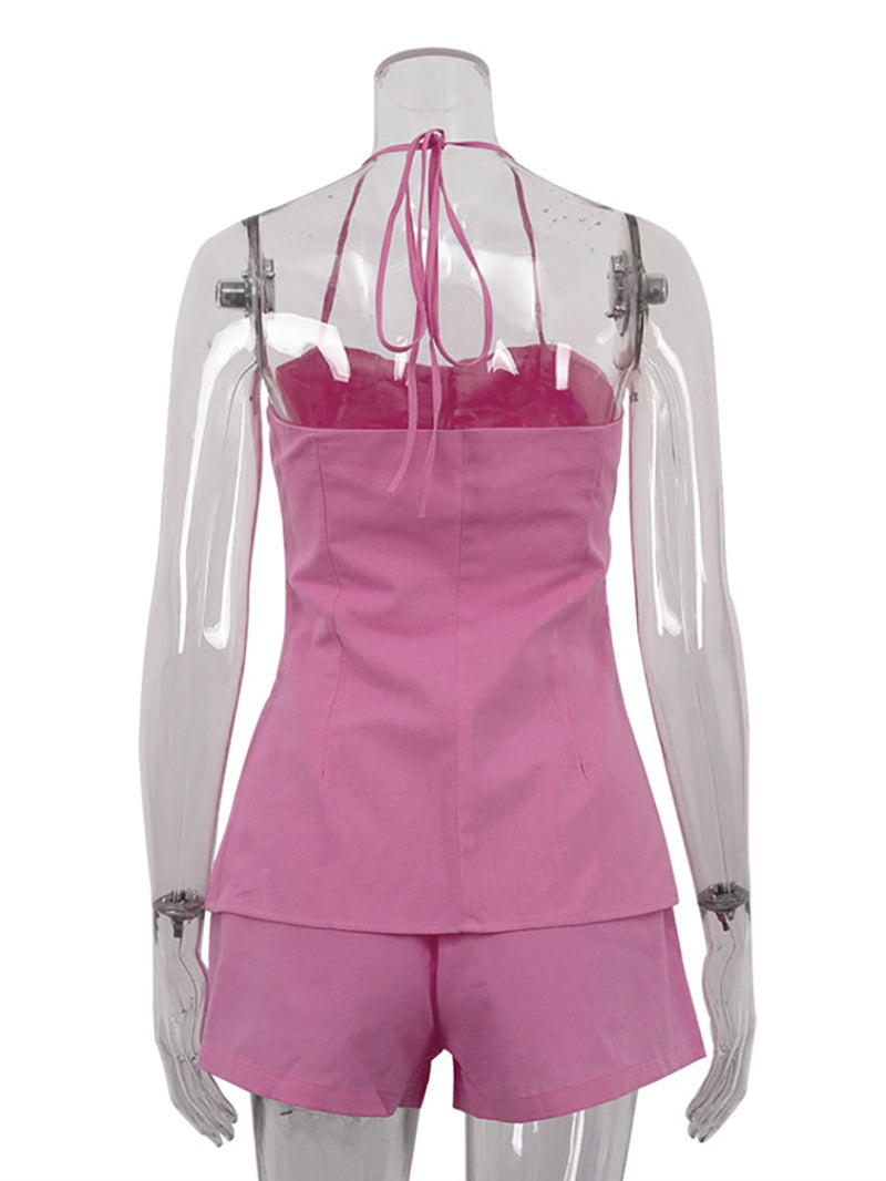 Casual Halter Tank And High Waist Shorts Set