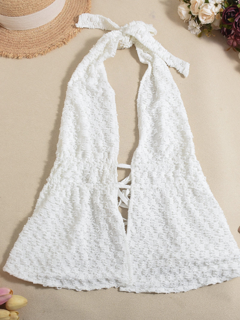 Sexy Textured Halter Backless Top And Flare Pants Set
