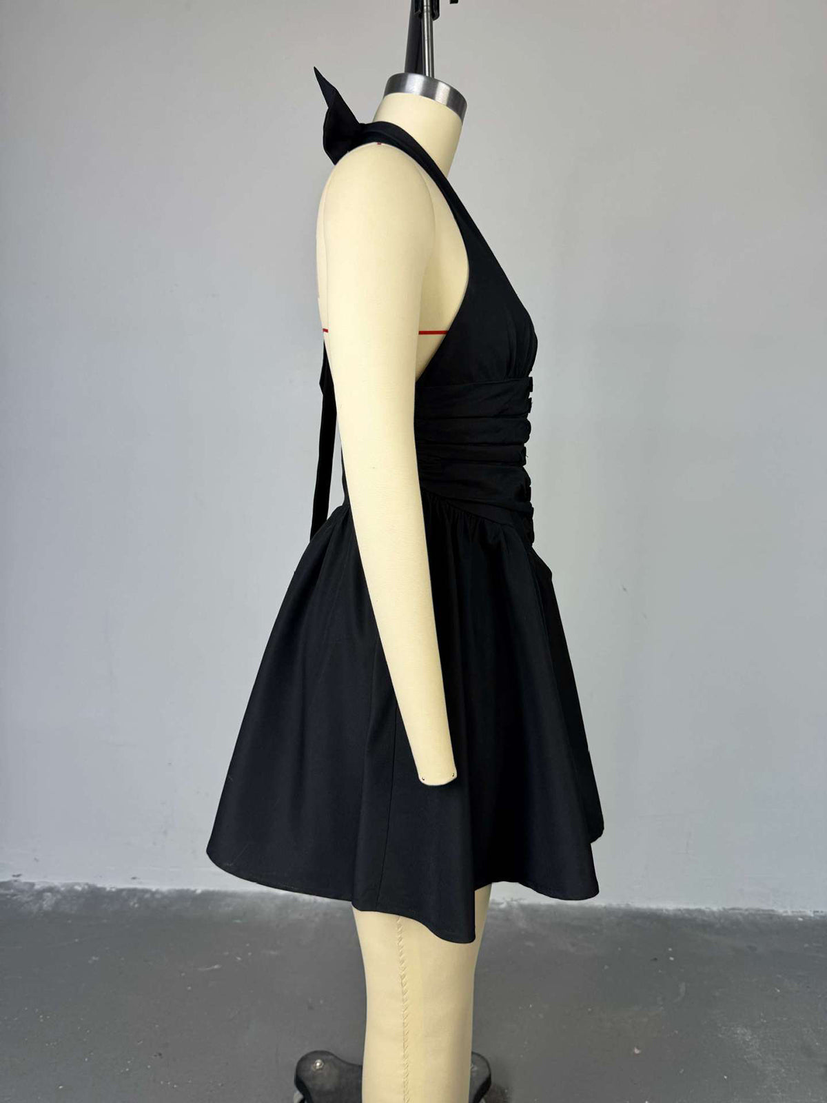 Sexy Pleated V-Neck Halter Bow Mini Dress