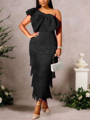 Elegant One Shoulder Bow Backless Slim Fit Fringe Dress
