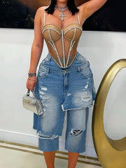 Casual Denim Patchwork Capri Pants Jeans