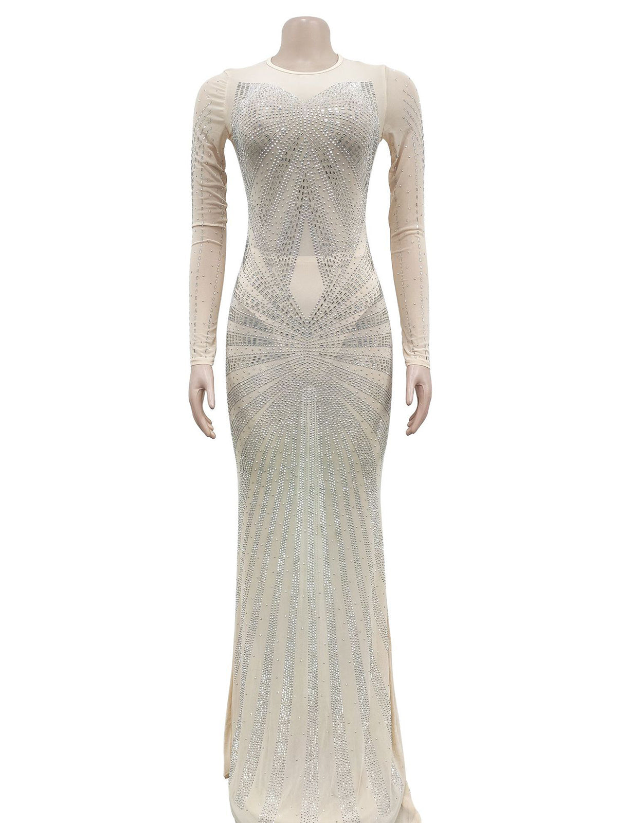 Elegant Sheer Mesh Rhinestone Maxi Dress