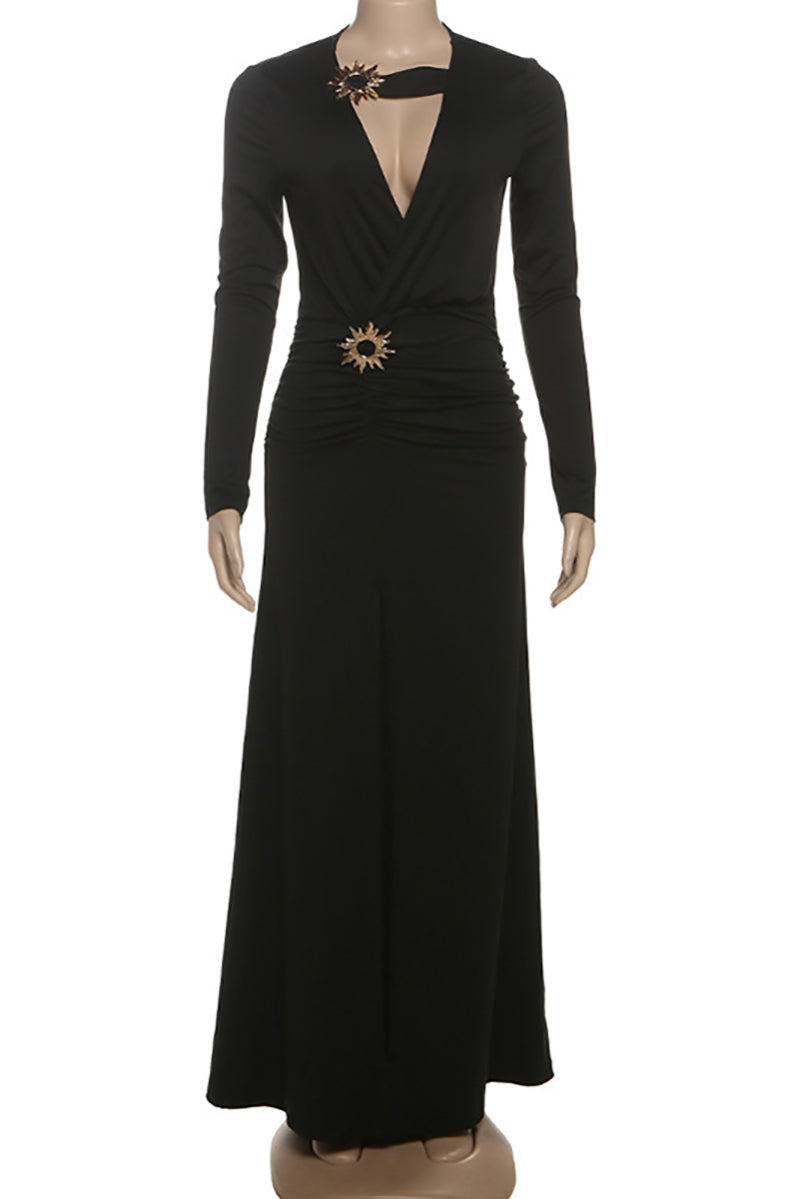 Sexy V Neck Ruched High Split Maxi Dress