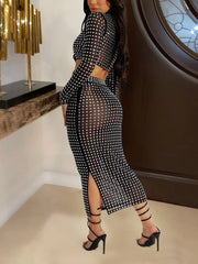 Rhinestones Sheer Mesh Crop Tops Skirts Sets