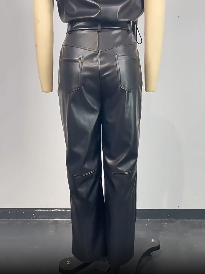 Solid PU Leather Straight Leg Black Pants