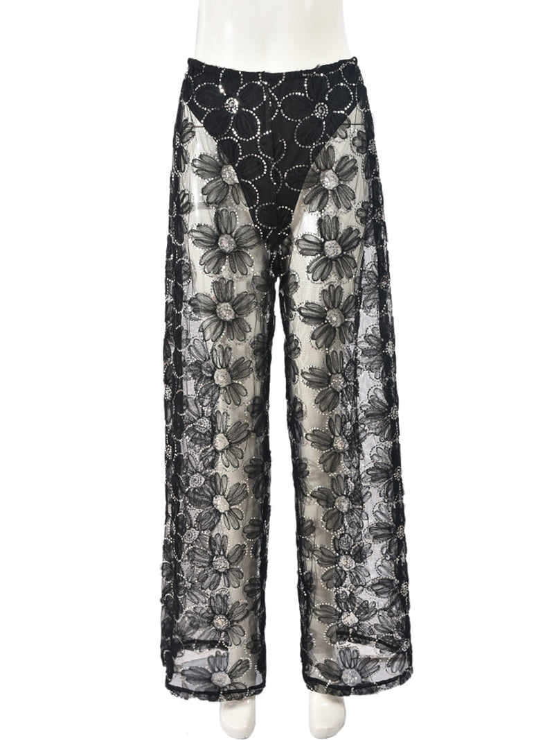 Sexy Mesh Floral See Through Sequins Pants