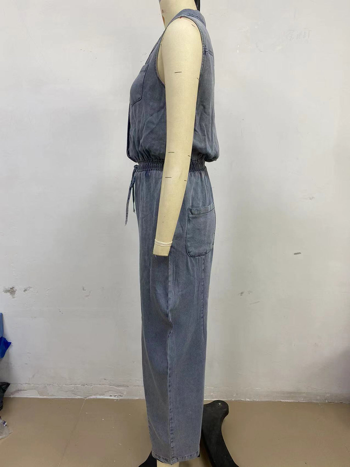 Sleeveless Drawstring Waist Washed Denim Jumpsuit