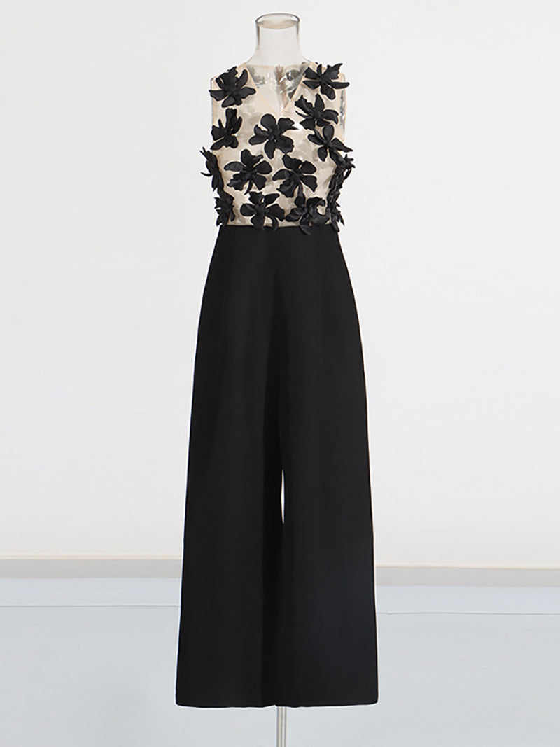 Floral Embellished Mesh See-through Wide Leg Jumpsuit
