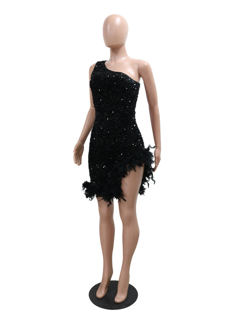 Sequin Slash Shoulder Feather Splicing Mini Dress