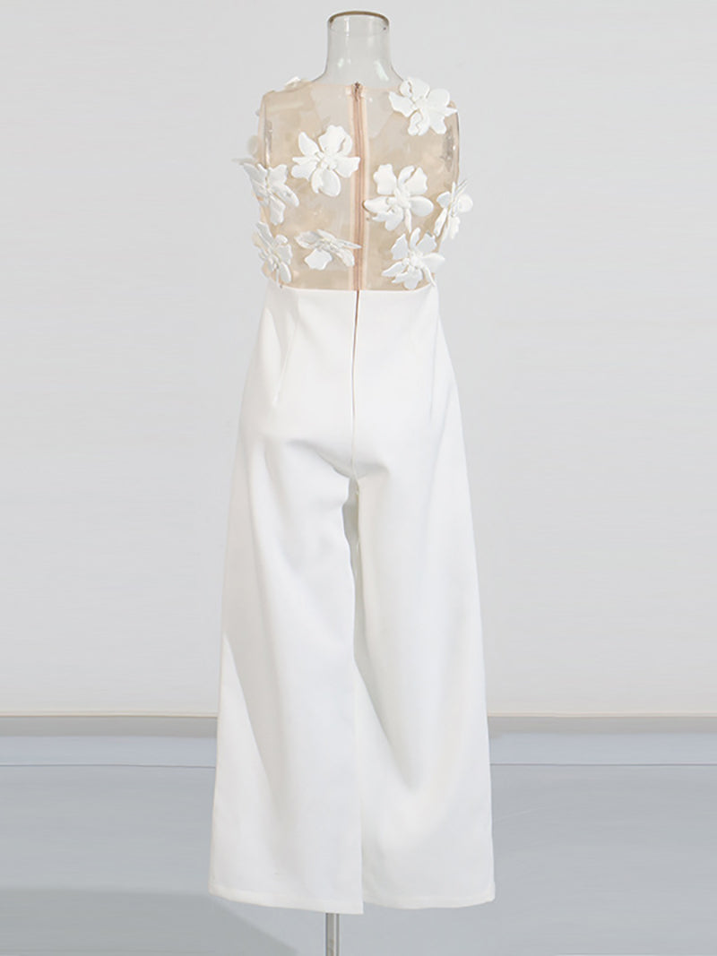 Floral Embellished Mesh See-through Wide Leg Jumpsuit
