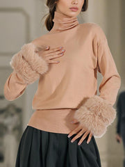 Fashion Turtlenecks Fur Cuffs Knit Sweater