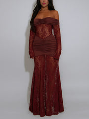 Sexy Off Shoulder Elegant Lace Ruched Maxi Dress