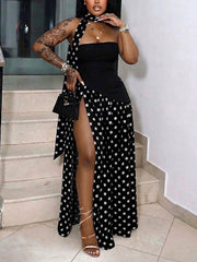 Fashion Patchwork Polka Dot High Slit Maxi Dress
