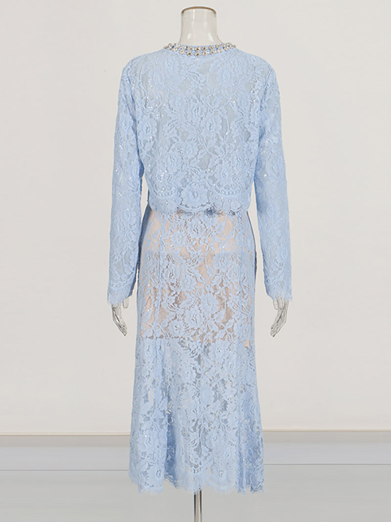 Elegant Rhinestone Embellished Lace Midi Skirt Sets