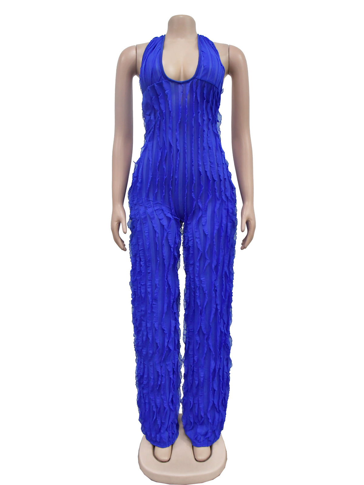 Sexy V Neck Pleat Halter See through Jumpsuit