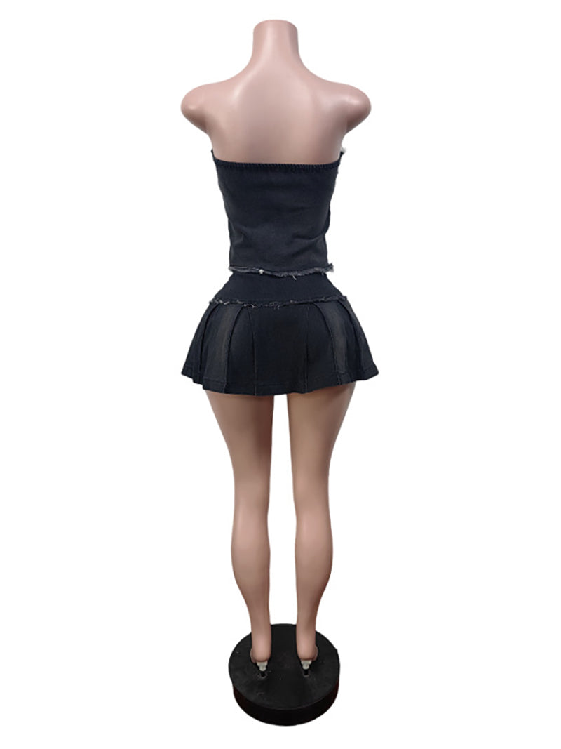 Sexy Wrap Chest Embroidery Denim Tube Pleated Skirt Set
