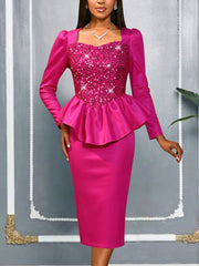 Elegant Square Collar Sequin Ruffles Party Midi Dress