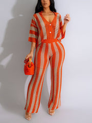 Newest V Neck Hollow out Stripe Knit Two-piece Set