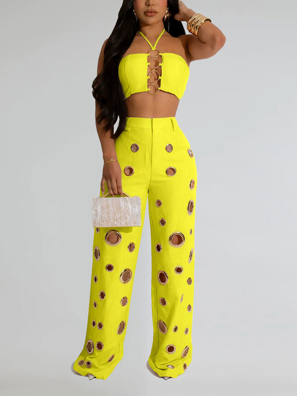 Sexy Backless Crop Top and Wide Leg Pants 2-Piece Sets