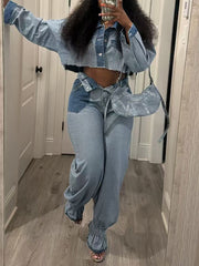 Denim Patchwork Cropped Jacket And Jeans Set