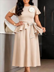 Ruffle Tie Waist Midi Dress with Brooch