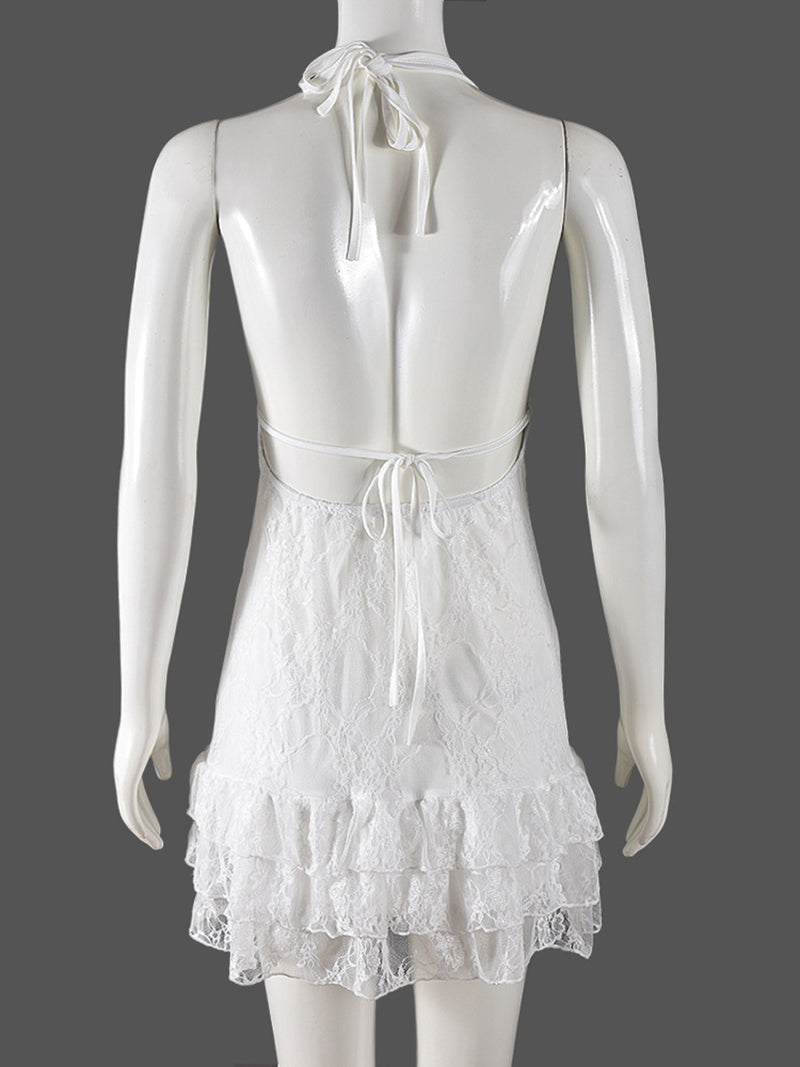 Sexy Lace Hollow Out Ruffle Halter Mini Dress