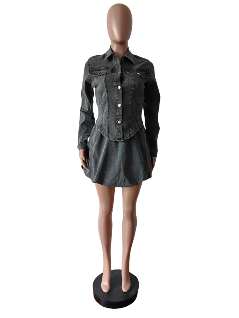 Fashion Slim Denim Top And Mini Skirt Suit