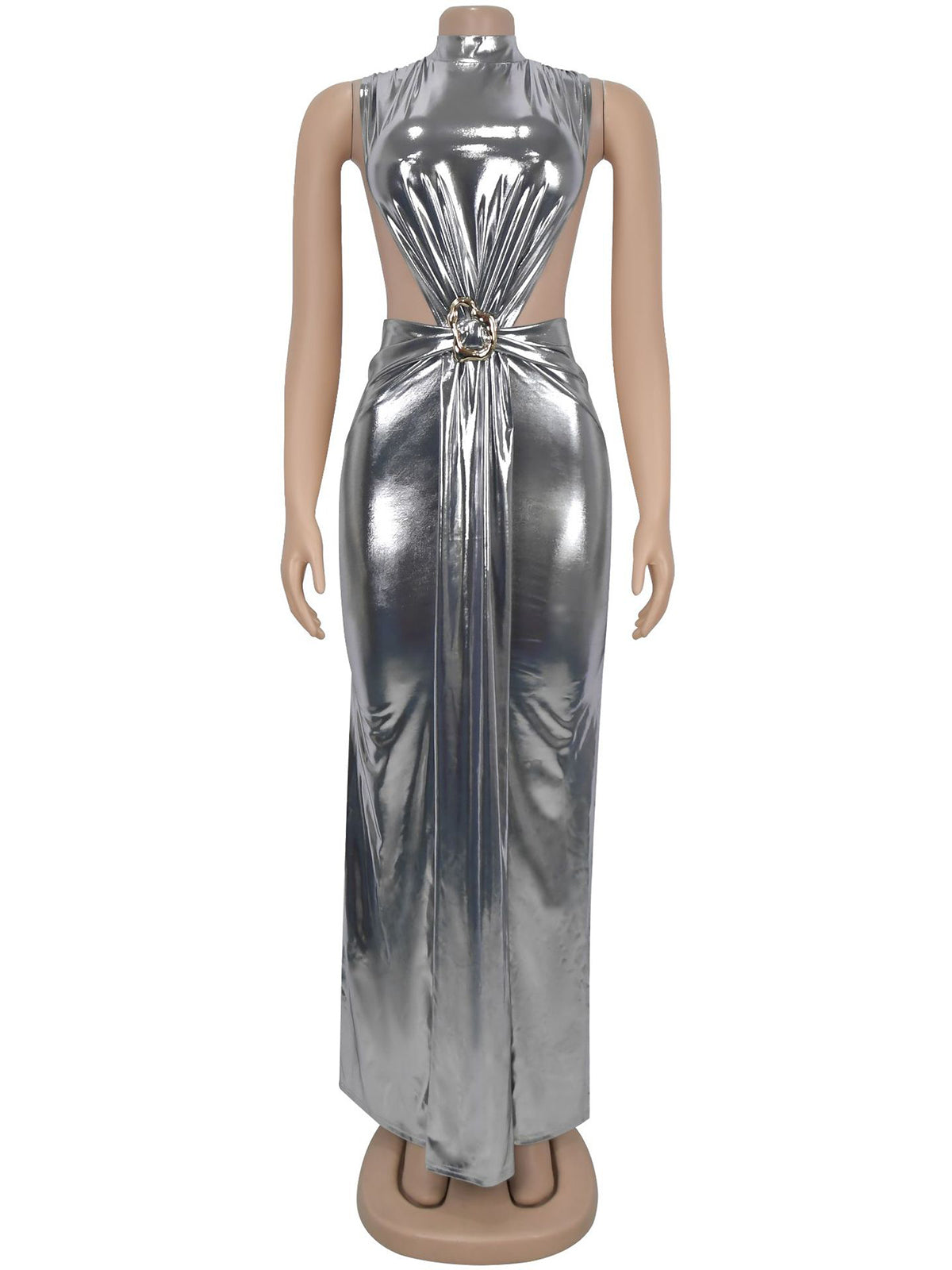 Elegant High-Neck Hollow Out Metal Color Slit Dress