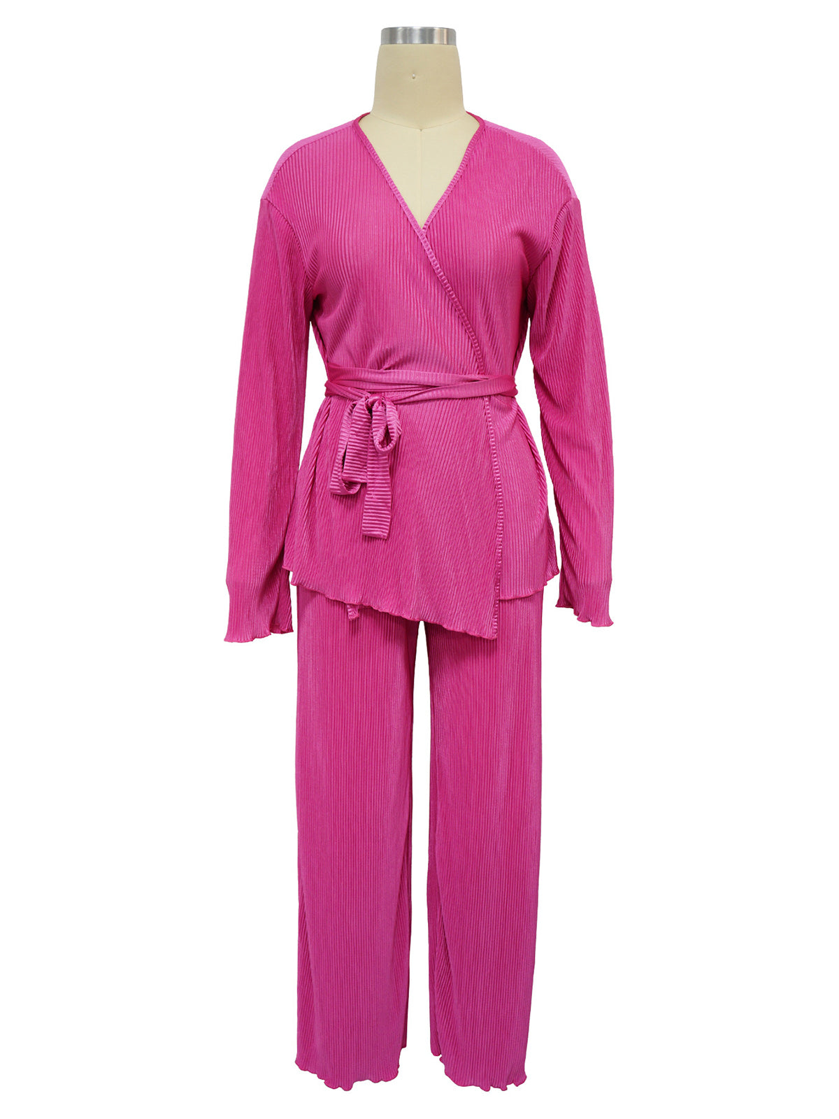 V-Neck Lace-up Pleated Top Loose Pants Casual Set