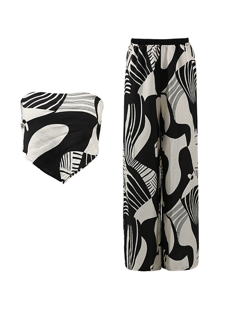 Casual Print Strapless Straight Trousers Two Piece Set