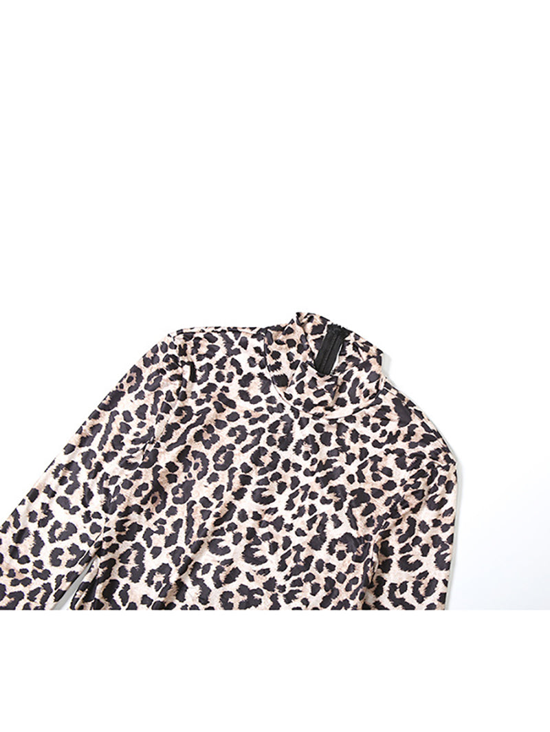 Sexy Round Neck Leopard Print Slim Pleated Maxi Dress