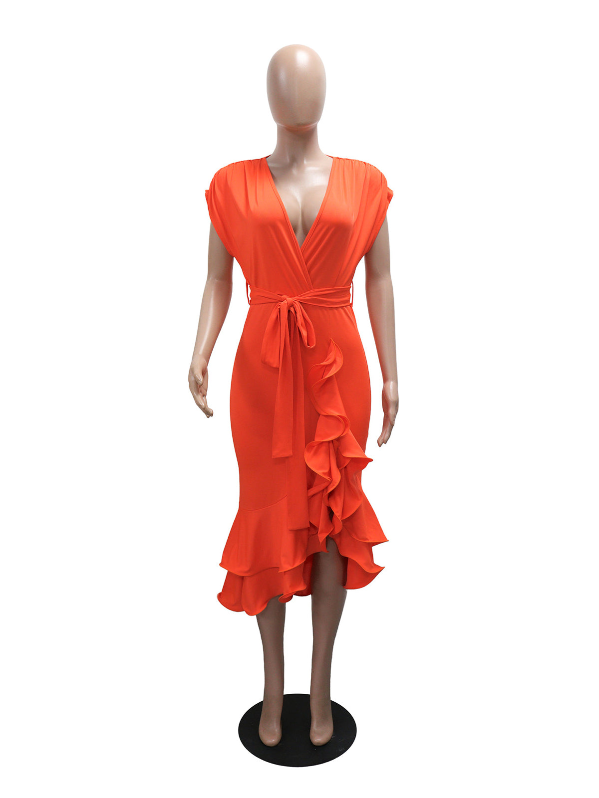 Sexy V Neck Lace-up Irregularity Ruffles Midi Dress