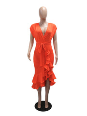 Sexy V Neck Lace-up Irregularity Ruffles Midi Dress