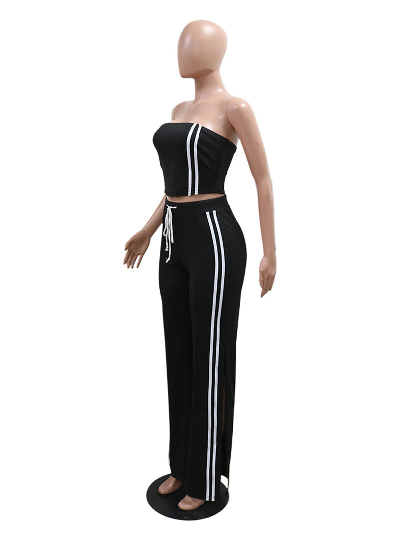 Stripe Tube Top And Wide-Leg Pants Set