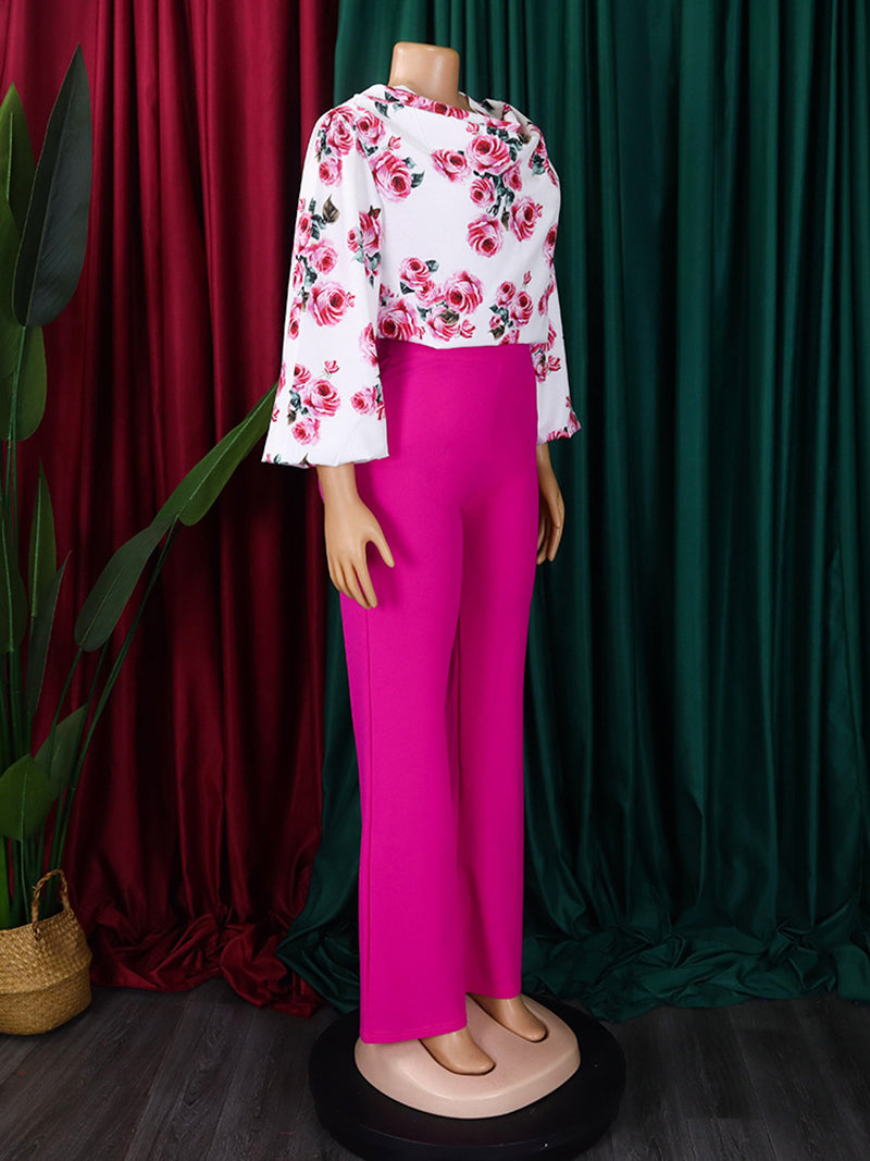 Elegant Rose Print Blouse And Wide Leg Pants Set