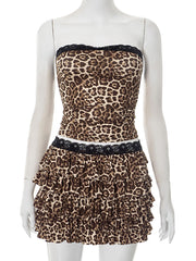Leopard Print Lace Strapless Top Tiered Mini Skirt Sets