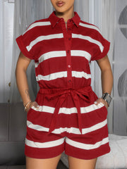 Casual Stripe Button Lace-up Loose Romper