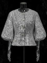Fashion Round Neck Puff Sleeve Sequined Cropped Jacket