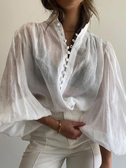 Elegant Stand Collar Puff Sleeve Loose Blouse