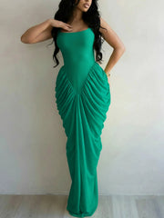 Sexy Sleeveless Solid Chiffon Pleated Maxi Dress
